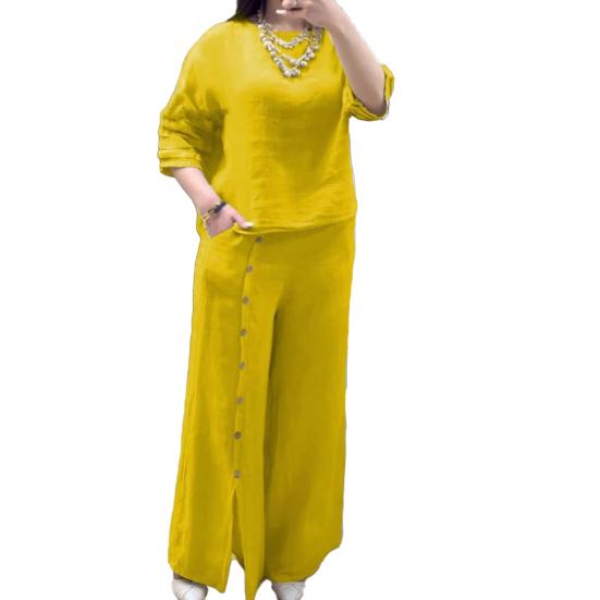 

Женский свободный комплект из двух предметов из хлопка и льна, топ с короткими рукавами и широкие брюки с разрезом, летний повседневный комплект для отдыха S жёлтый