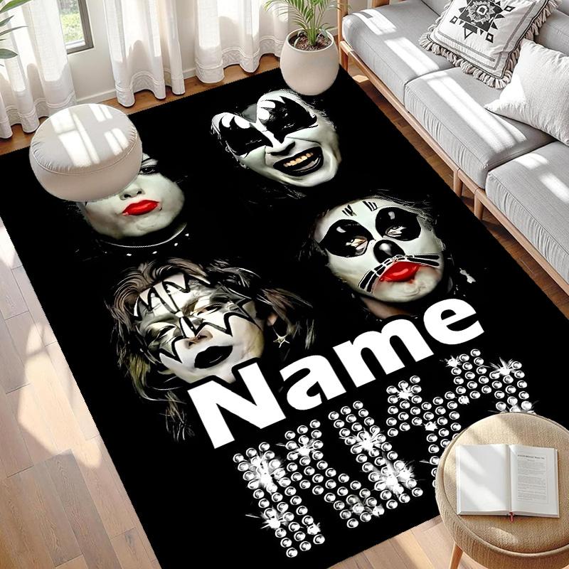Custom Name Personalized Kiss Rock and Roll Print Carpet, Versatile Home Decor Rug, for Playroom, Apartment, Balcony, Entryway, Hallway Gift