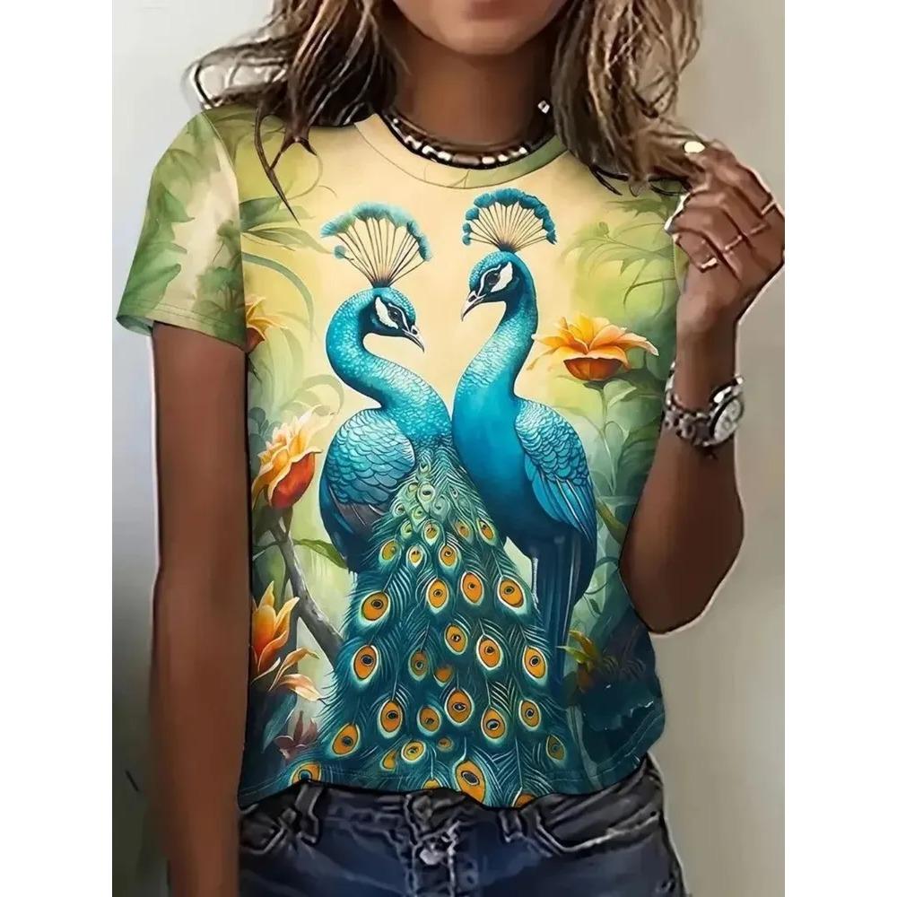 Dames T-shirt 3D Patroon Gedrukt Casual Korte Mouw Ronde Hals Top Modieuze Straat Dameskleding