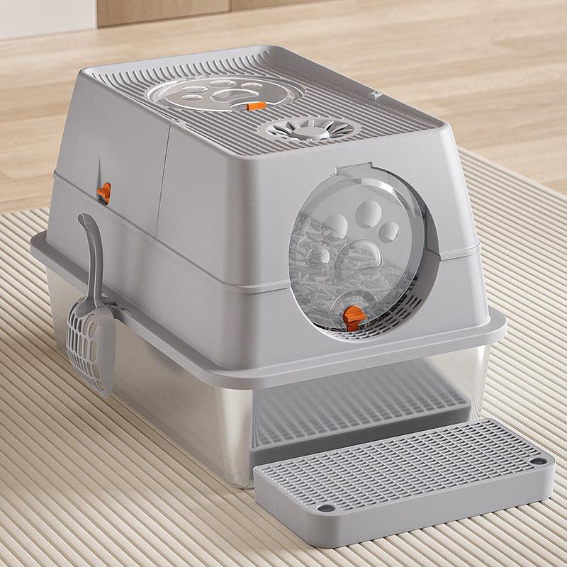 Stainless Steel Top-Entry High-Sided Cat Litter Box with Flip-Top and Anti-Splash Design