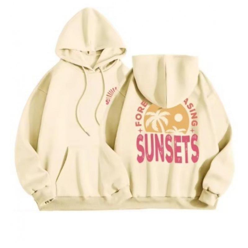 Women's Warm Casual Top Sunset Style Fashionable Printed Hoodie Back Letter Slogan Drawstring Hoodie