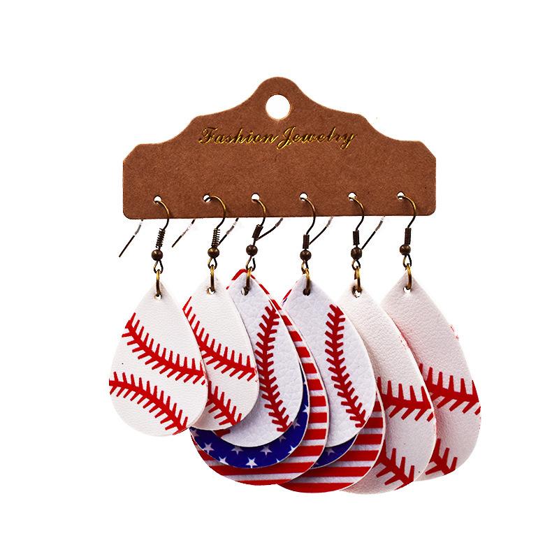 World Cup sports ball drop-shaped leather earrings, basketball, football, rugby, baseball earrings, multi-layered earrings, three pairs in one pack