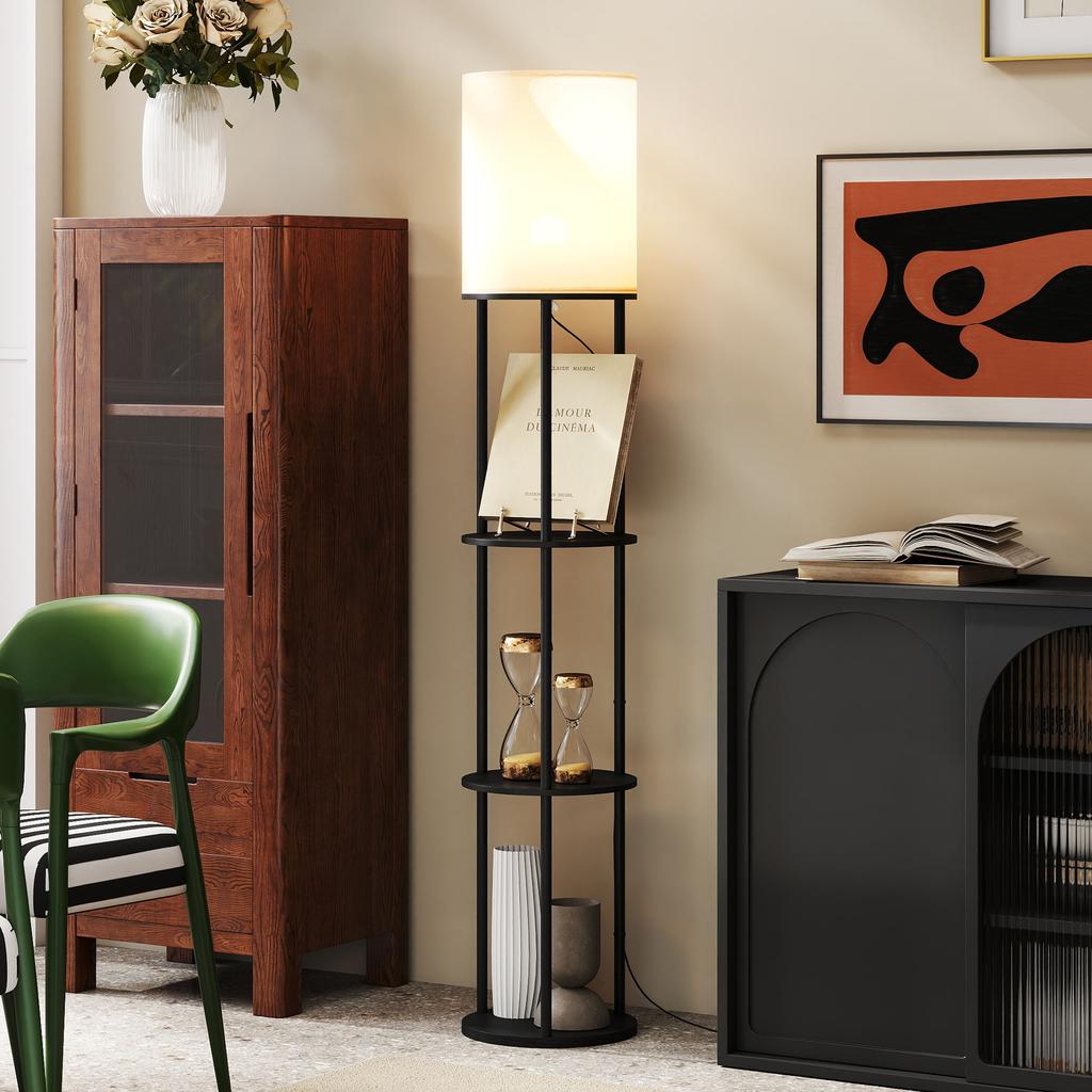 Floor Lamp, Shelves, 3 Color Temperatures, Remote Control, Black