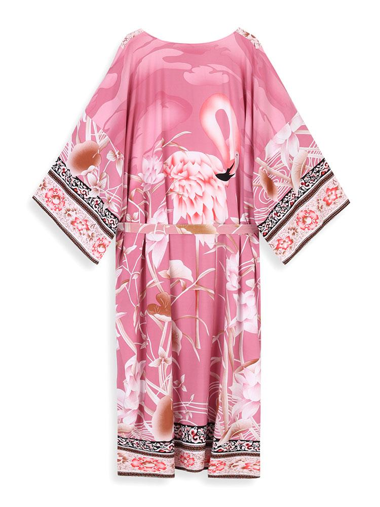 EDOLYNSA Bikini cu imprimeu boem Rochie kimono cu centură elegantă Tunica 2024 Vară Femei Marime mari Îmbrăcăminte de plajă Costum de baie acoperire Q996