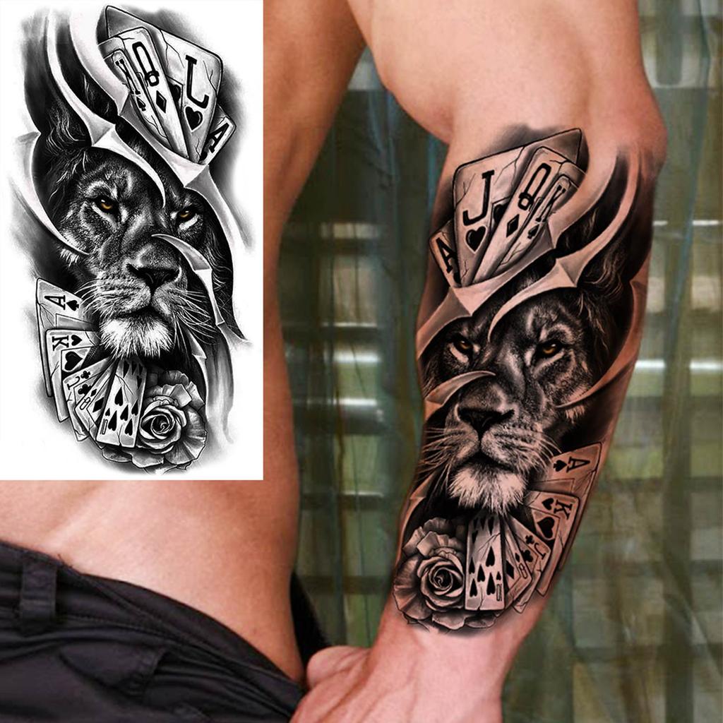 1 Sheet Lion Wolf Skeleton Nun Tiger Black Temporary Tattoos For Men Adult Leg Arm Compass Flower Fake Tattoo Sticker Waterproof