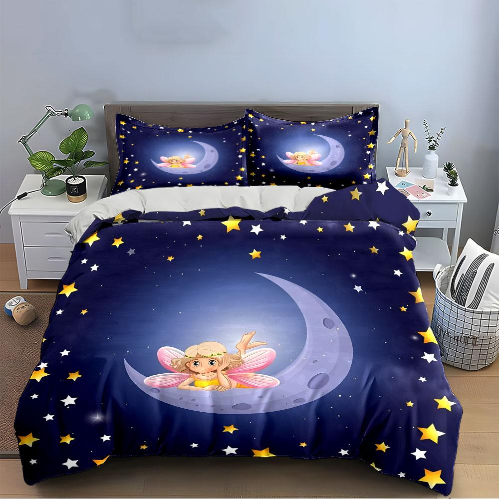 Fairy On Moon Starry Bedding Bedding Duvet Cover Set Duvet Cover Pillowcases (1 * Duvet Cover 2 * Pillowcases, Without Duvet Insert)