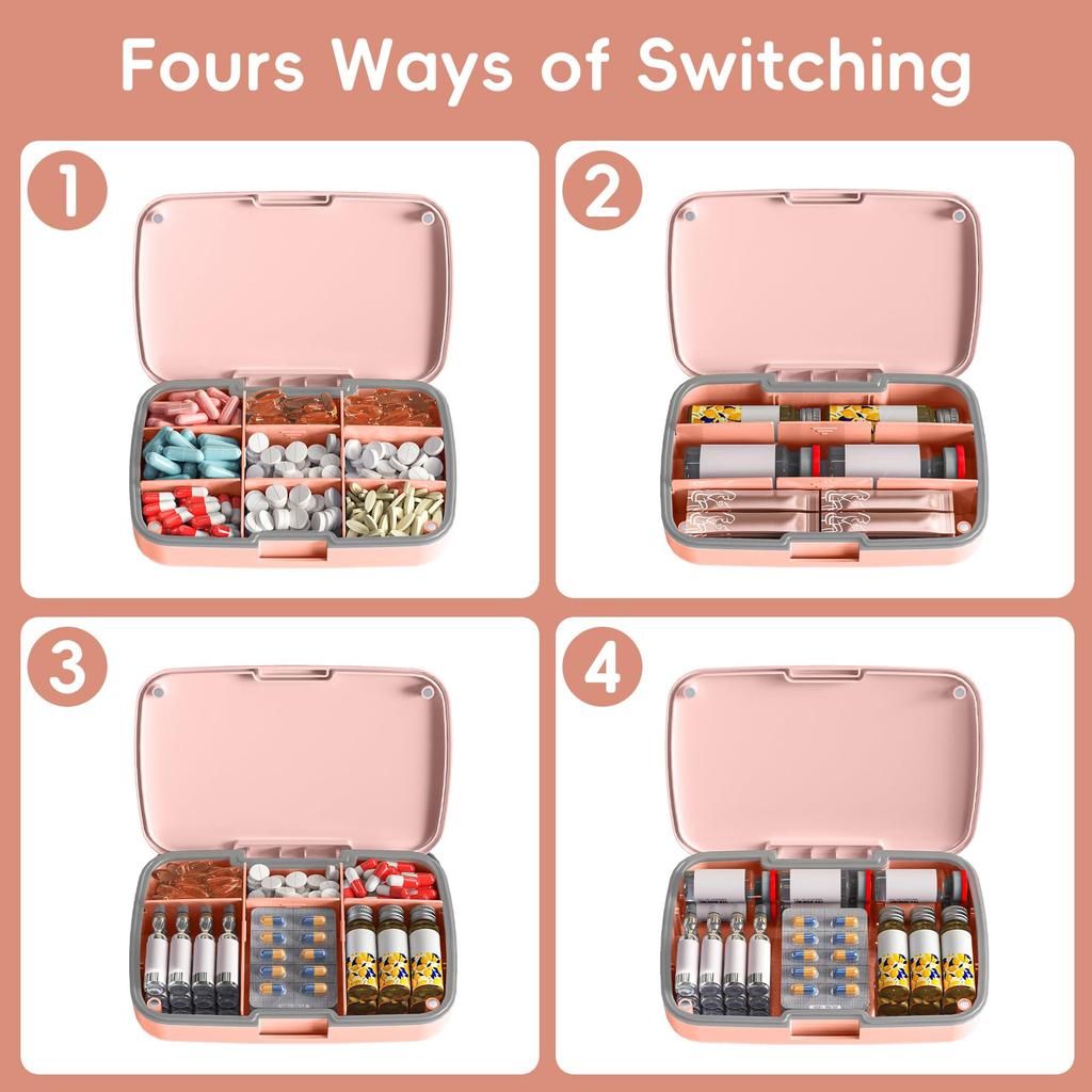 Magnetic Pill Organizer with 9 Compartments Large Capacity Adjustable Waterproof Daily Case for Travel Detachable Medication Box