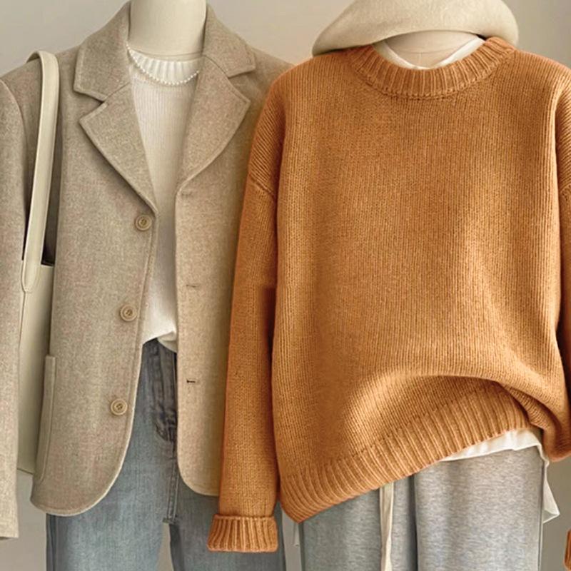 Autumn and Winter Women Soft Waxy Round Neck Cashmere Sweater Women's Loose Sweater Autumn and Winter Short Base Sweater