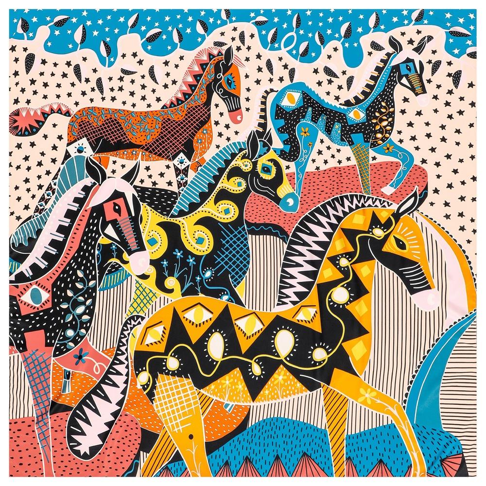 

Silk Scarf Women Large Shawls Stoles Colored Checkered Horse Square Scarves Echarpes Foulards Femme Wrap Bandanas 130*130CM 130x130cm