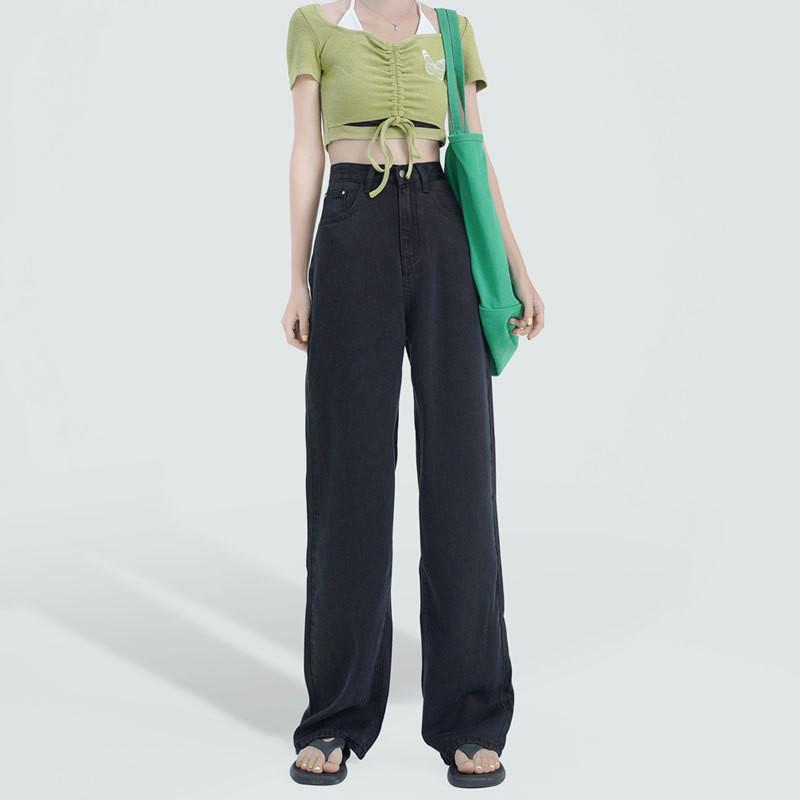 Black narrow wide-leg jeans women's new design high waist loose straight drape floor pants
