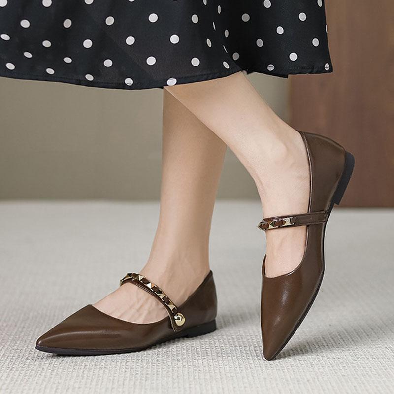 Soft Sole Flats Women's Fashion Rivet Buckle Straps Mary Jane Shoes Elegant Pointed-toe Pumps Lady Microfiber Leather Work Shoes