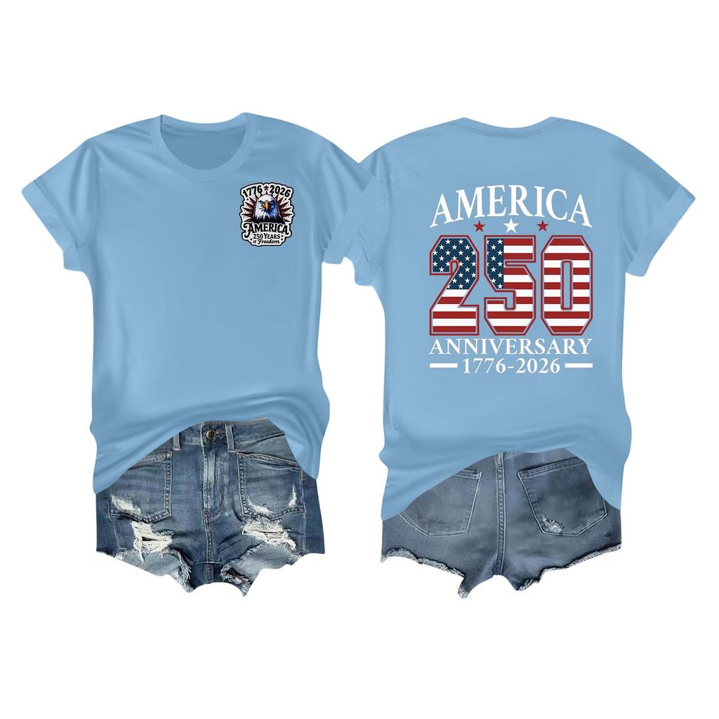 Women's Casual Independence Day 250 Anniversary Printed T-shirt Round Neck Pullover Short Sleeve Top