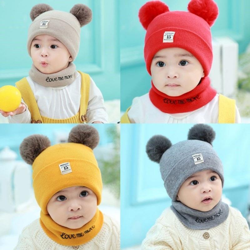 2-teiliges Set aus Babymütze und Halswärmer mit Bärenmotiv, gestrickte Babymütze und Schal, dehnbare Mütze und Schal für Kleinkinder, angenehm zu tragen