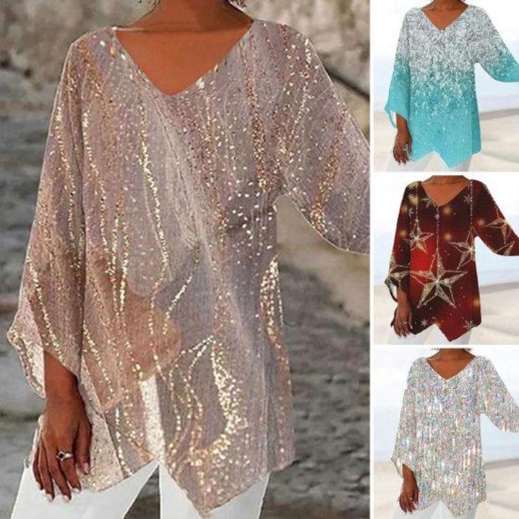Plus Size Women Casual Loose V Neck Long Sleeve T-shirt with Flower Print Irregular Hem Color Matching Pullover for Spring Fall