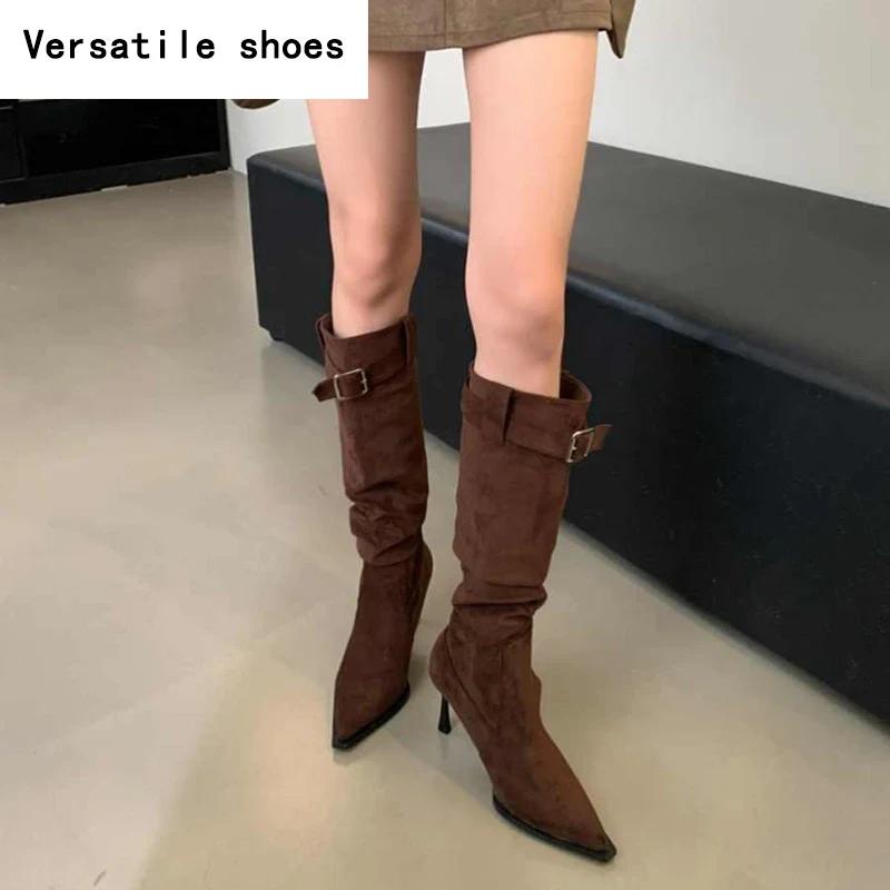 High Heel Women Knee High Boots Fashion Pointed Toe Slip On Shoes Dancing Party Dress Long Botas De Mujer