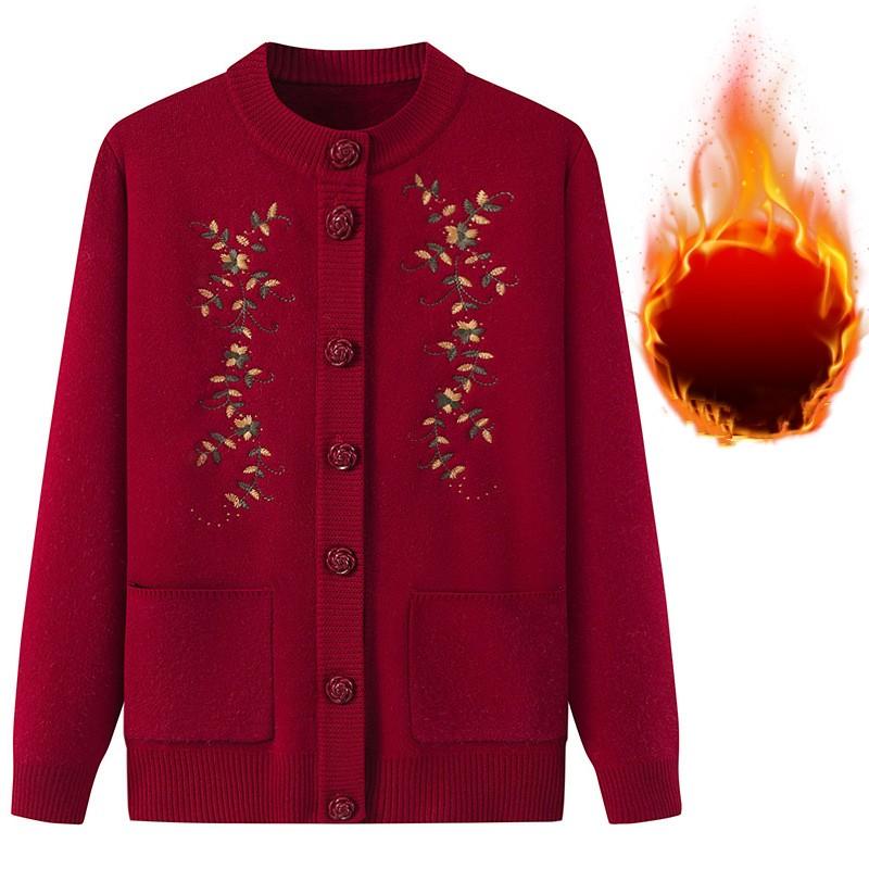 Women's Autumn Winter Fleece Thicken Sweater Middle-aged Knitted Casual Cardigan Coat