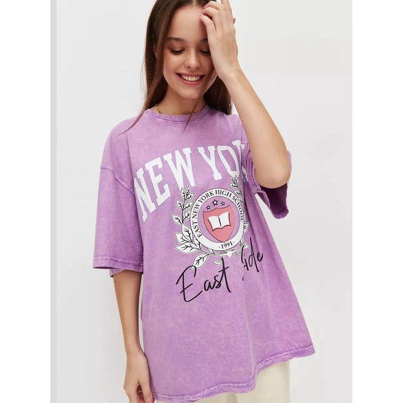 Fashionable Printed T-shirt European and American New Washed Old Loose Print Cotton T-shirt Top