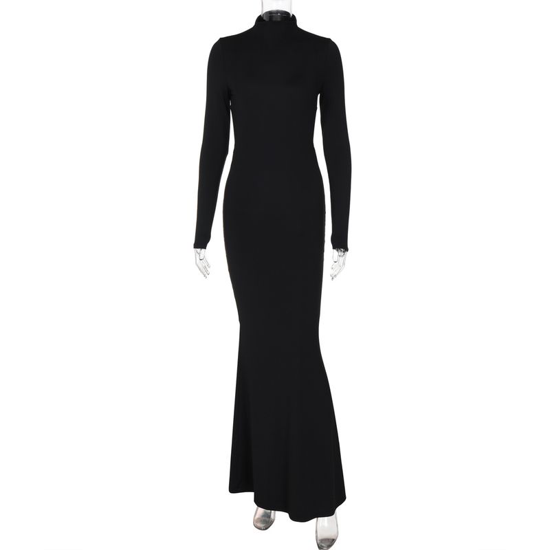 

Outfitgirl Fashion Style Women s Clothing Half-High Collar Long Sleeves Sexy and Personalized Bare Back Dress Black Long Skirt Black L