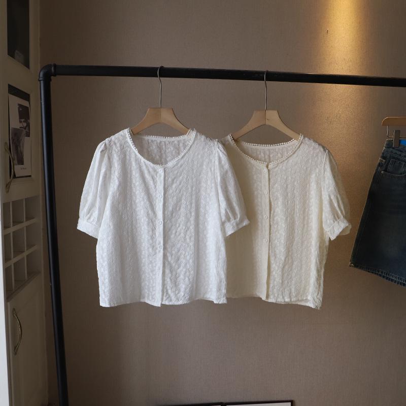 Bi Zheng 2025 Summer Korean Lace Embroidered Bubble Sleeve Women's Shirt