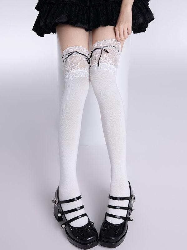 Lolita Lace Frill Mid-Calf Socks with Bow Ribbon - White Ballet Style JK Knee-Highs for Spring & Autumn