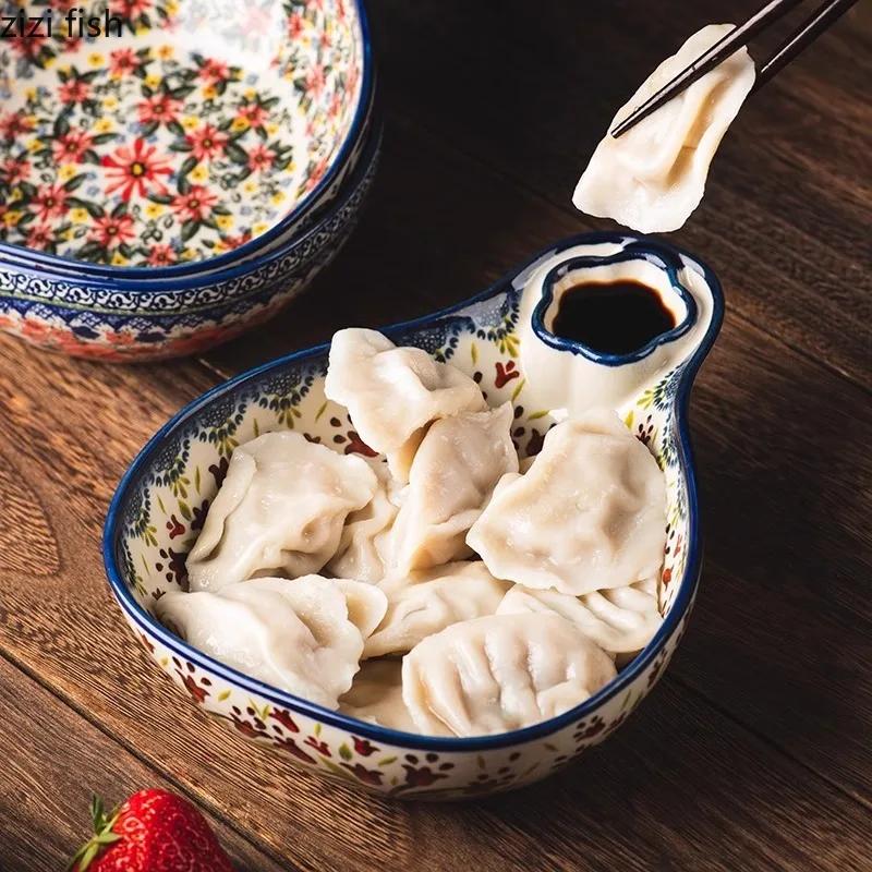 Vintage Floraler Keramikteller Knödelteller mit Essigschälchen Gemüsesalatschüssel Obstschale Snackteller Keramikgeschirr