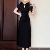 New Chinese-style improved cheongsam black hollow button dress summer women's small slim-fitting waist dress