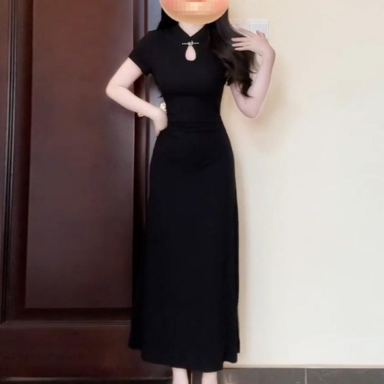 New Chinese-style improved cheongsam black hollow button dress summer women's small slim-fitting waist dress