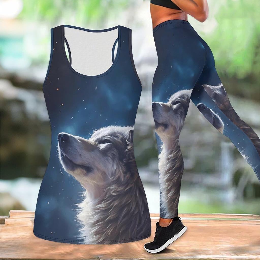 Loyales Tiermuster Druck Yoga Outfit für Damen Mode Workout Leggings Fitness Sport Lässiges Yoga Set Sportanzug