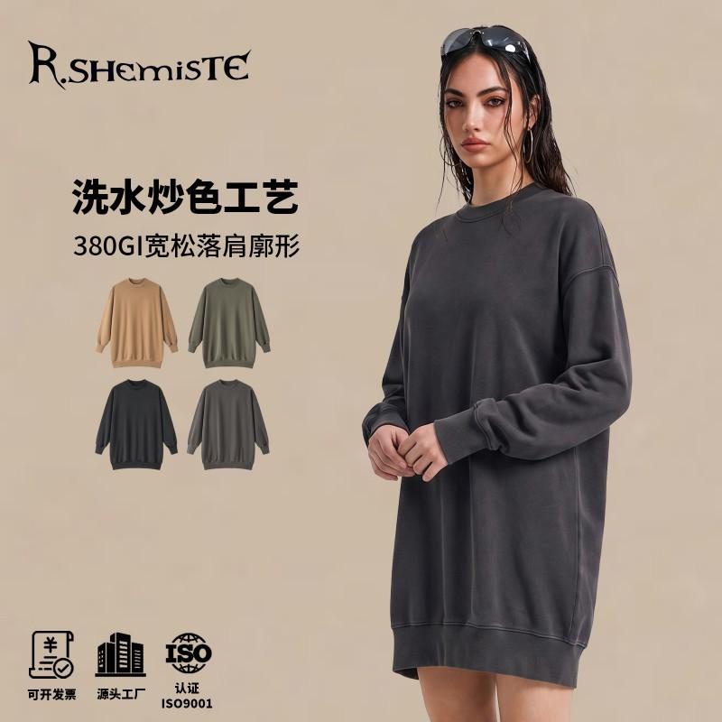 Womens Oversized Longline Cotton Sweatshirt Dress Water-Washed Vintage Style Streetwear Loose Fit