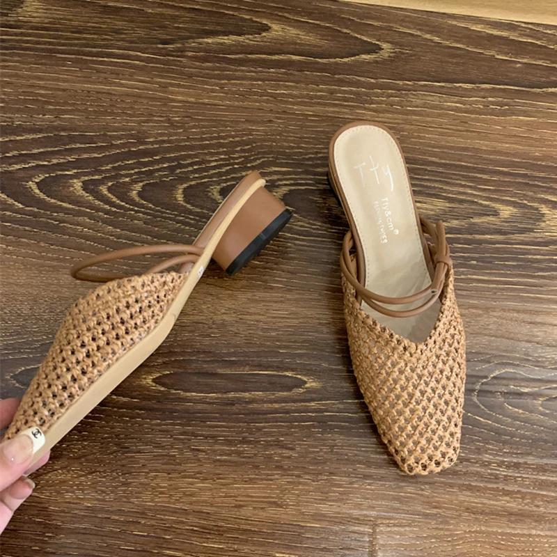 Fashion Summer New Women Slip On Mules Shoes Fashion Cane Weave Ladies Sandal Shoes Square Low Heel Outdoor Casual Slipper
