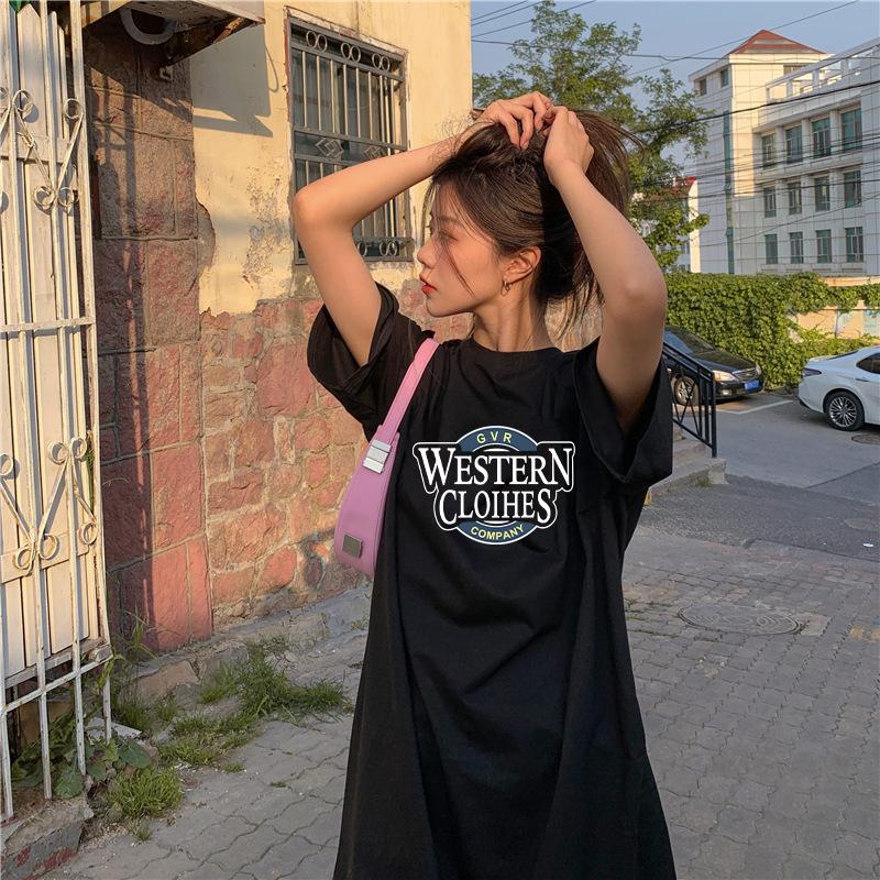 Cotton Summer New Korean Loose Letter Printing Student Slit Short Sleeve Mid-length Dress for Women