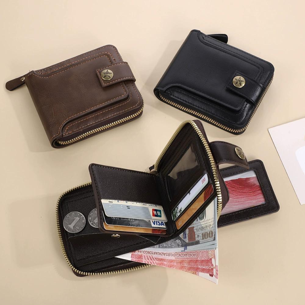 Retro Men's Short Wallet Vintage Man Money Clip Large Capacity Zipper Multifunctional Card Holder Coin Purse High Quality