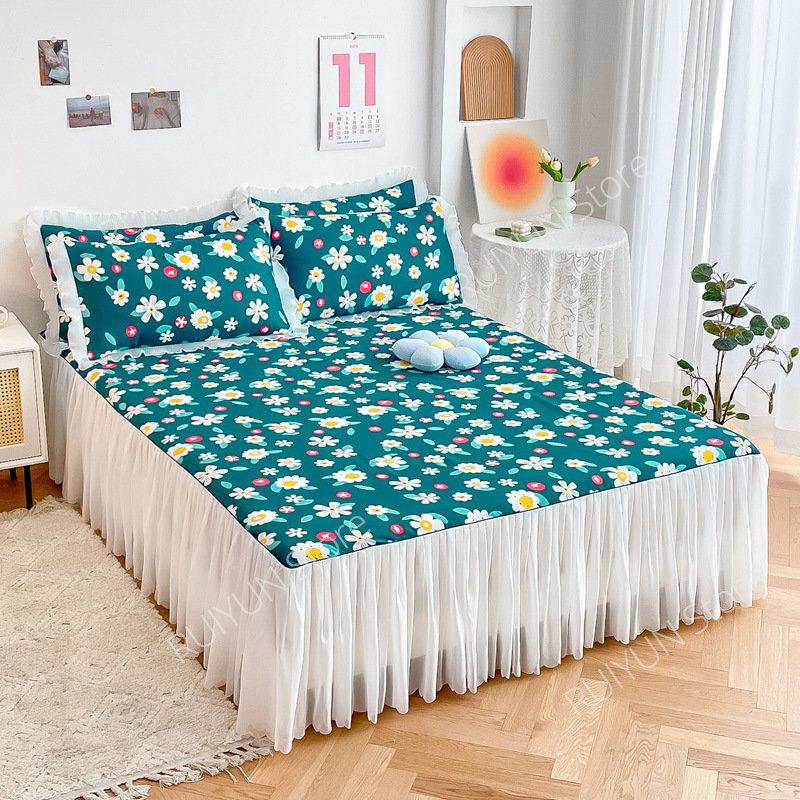 Decorative Lace Ruffled Bed Skirt Non-slip Mattress Cover Princess Printed Bed Skirt Bedsheet Bed Cover Home Bedspread Bed Skirt