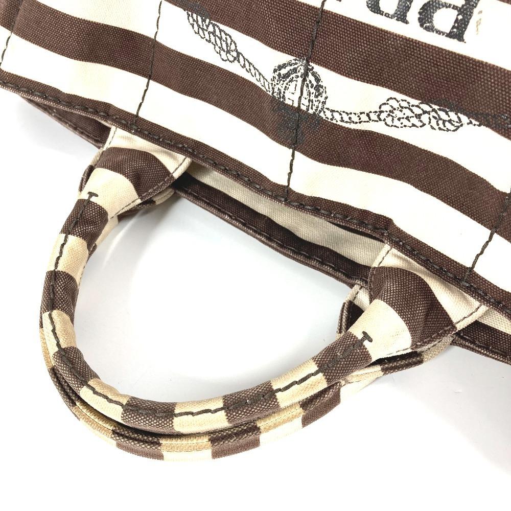 Prada Canapa Logo Border Bag Tote Bag Hand Bag Canvas Brown/White