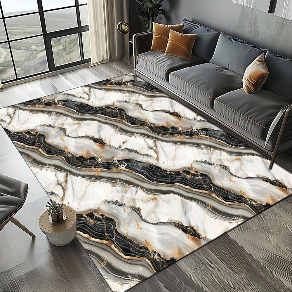 2025 New Style Fashion Marble Black White Gold Stone Carpet Rug for Living Room Bedroom Home Sofa Decoration,Non-slip Floor Mat