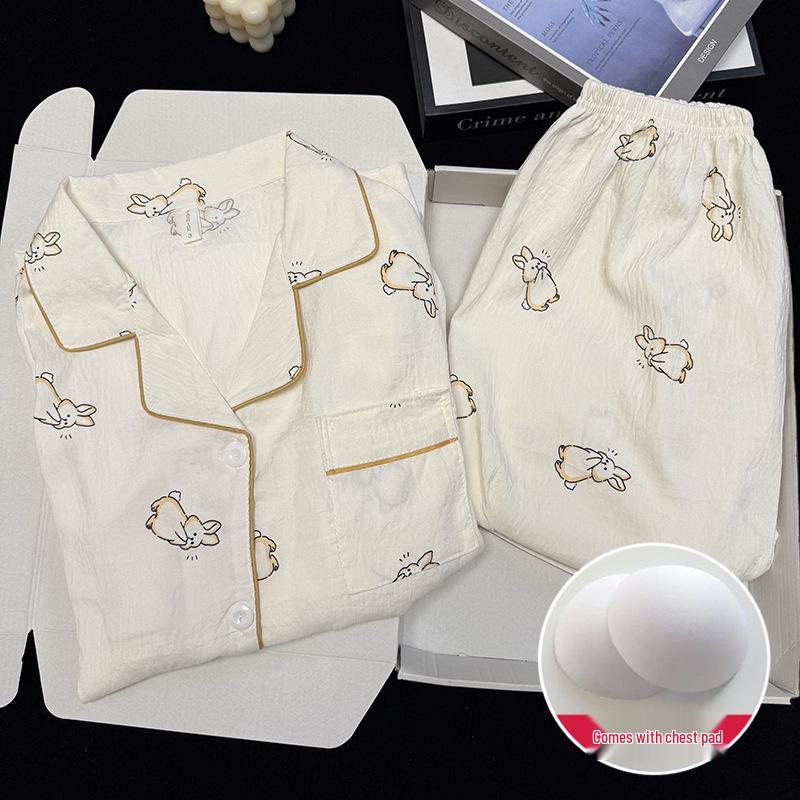 Damen Cartoon Pyjama-Set aus Wolkenbaumwolle mit Brustpolster - Langarm-Cardigan und Revers für Frühling und Herbst