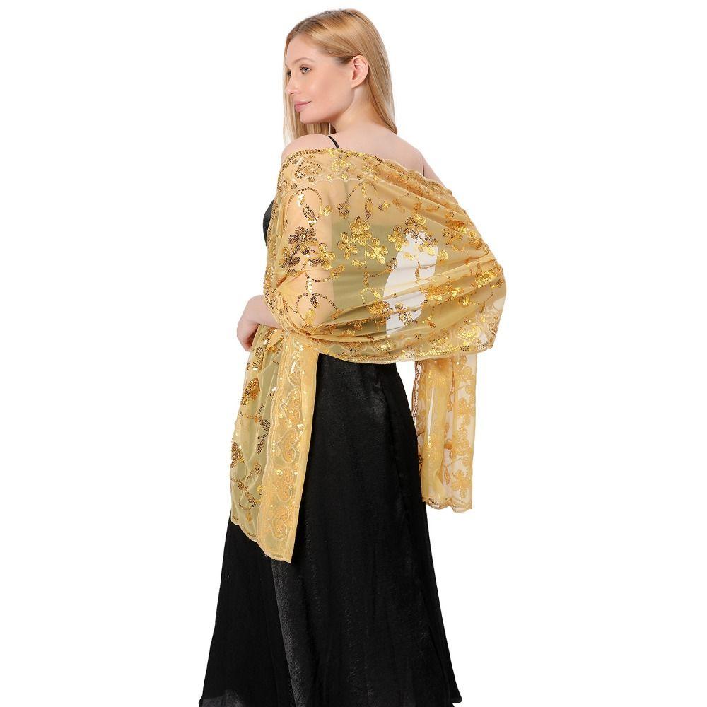 Hollow Out Tassel Wrap Tulle Evening Dress Scarf Embroidery Sequins Shawls  Belly Dancing Belt