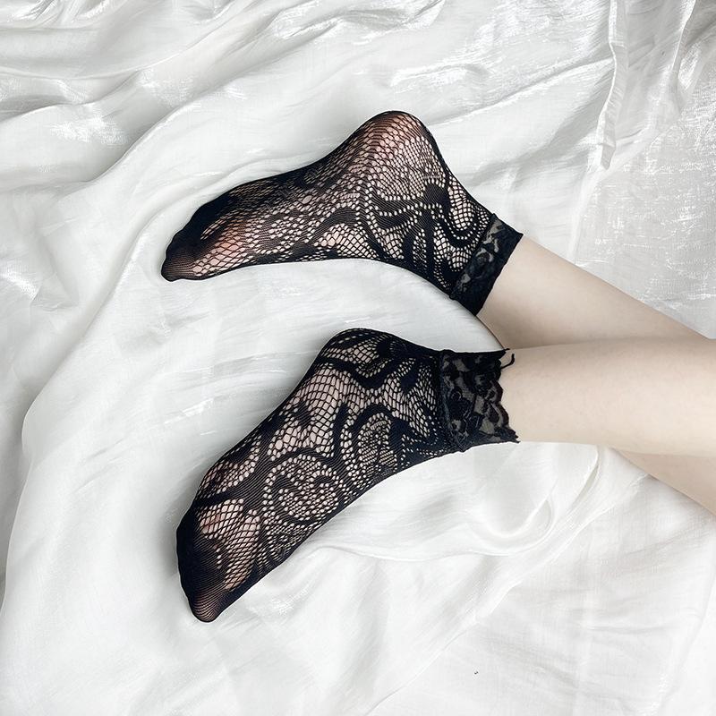 3 Pairs Sexy Black Silk Breathable Fishing Net Lace Short Socks Jacquard Black Short Stockings Women Thin Style Romantic Socks