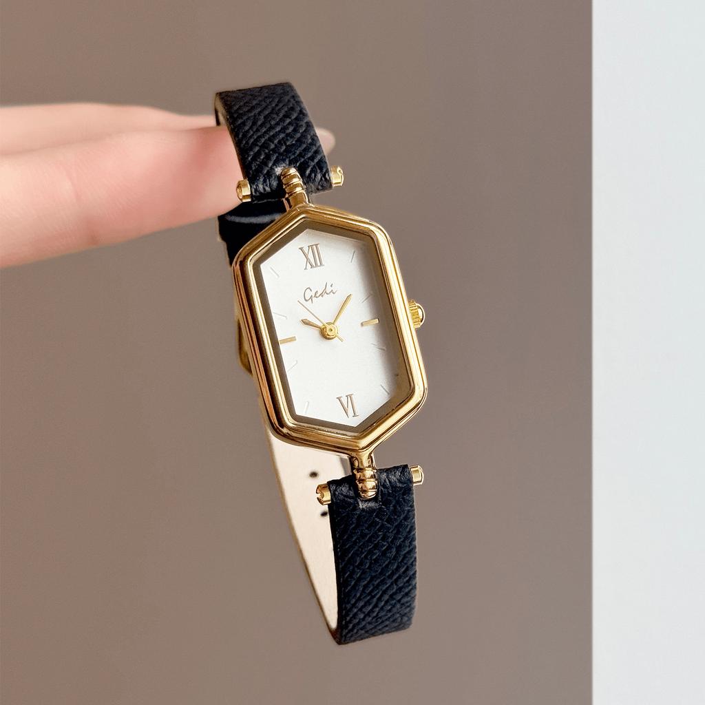 Vintage Hexagon Women Watch Leather Strap Minimalist Roman Numeral Quartz Wristwatch Small Clock Casual Daily Dress Watches