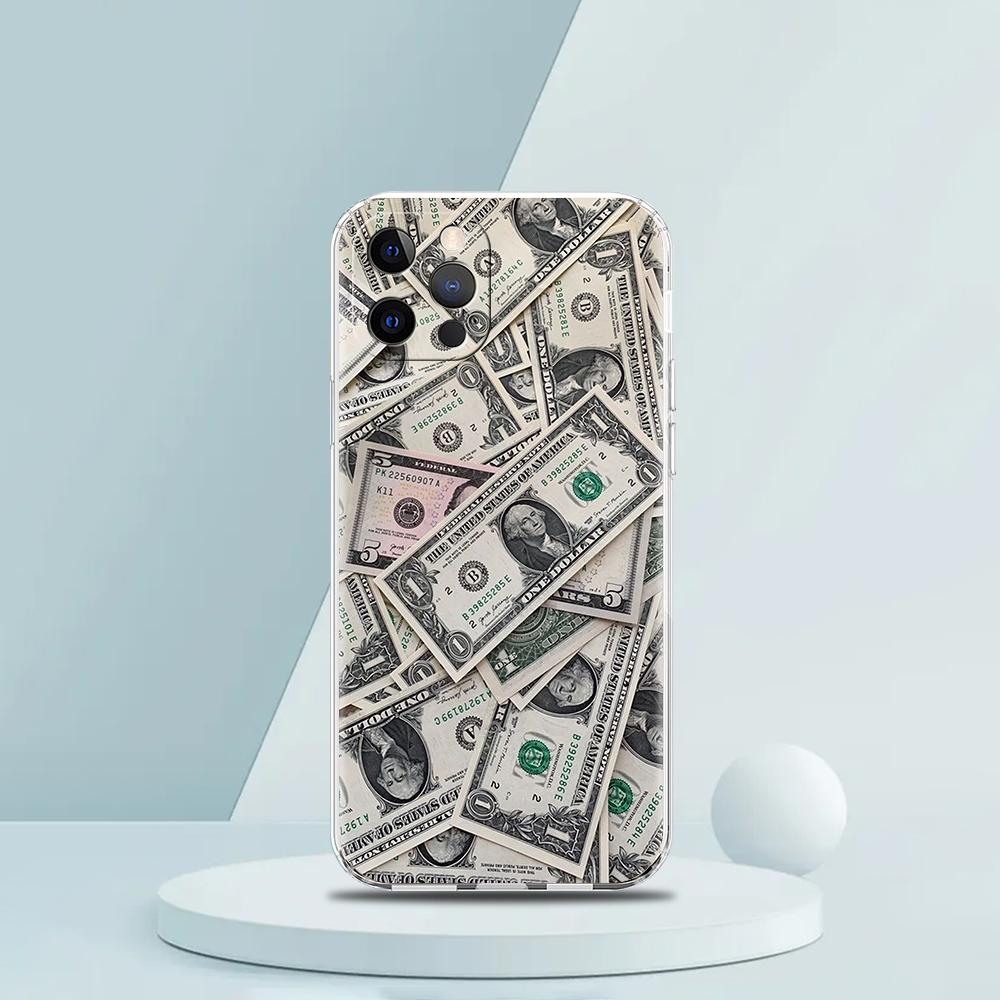 USD Dollar Cash Luxury Soft Transparent Phone Case Cover for iPhone 16 15 14 13 12 11 Pro Max XR 8 7 Plus XS Max Shockproof Bag