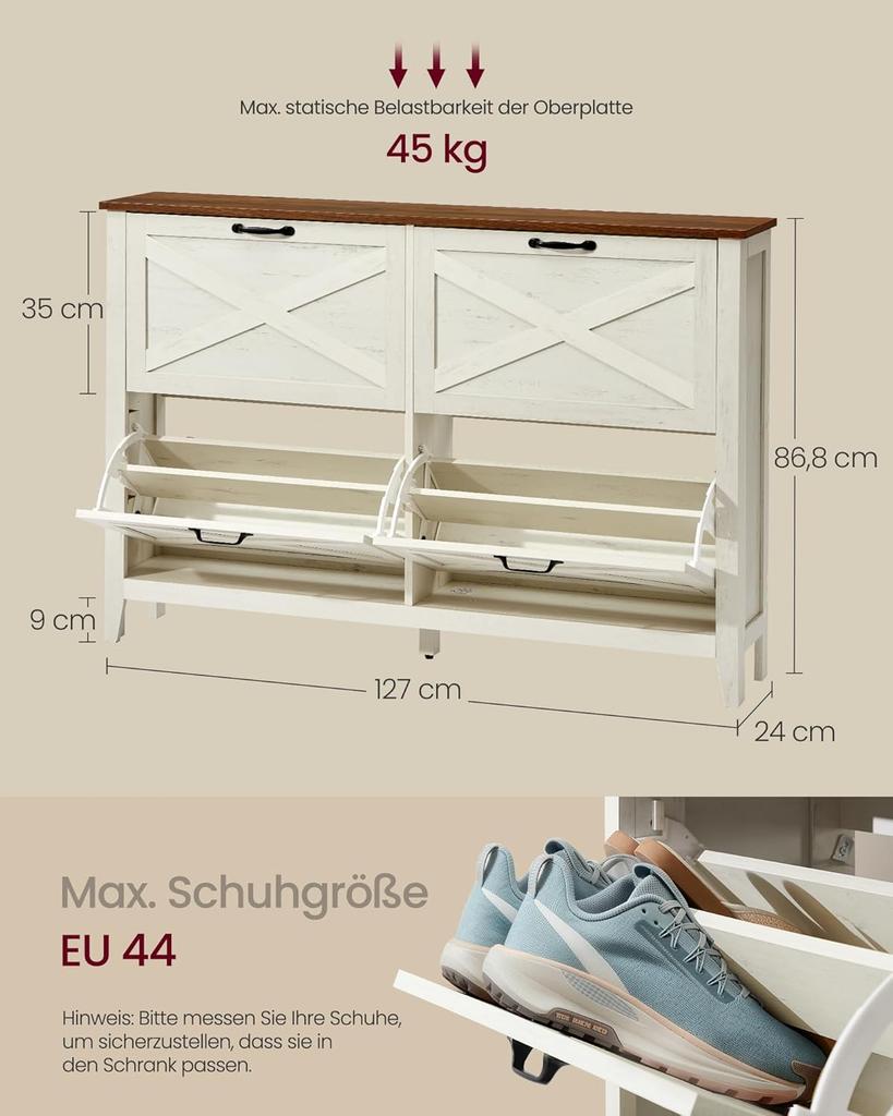 VASAGLE Kolekcja LIRY – Szafka na buty z 4 uchylnymi drzwiczkami, Wolnostojący wąski stojak na buty, do przedpokojów, Styl wiejski