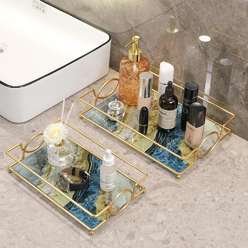 Vanity Tray Luxury Bathroom Counter Tray Glass Perfume Organizer Holder Cosmetics Makeup Skincare Display Decorative Vanity Tray