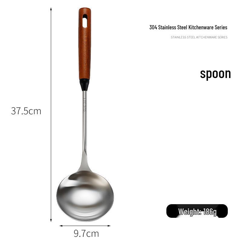 Thickened 304 Stainless Steel Cookware Set: Anti-Scald Handle Spatula, Soup Ladle, Slotted Spoon, and Frying Pan.