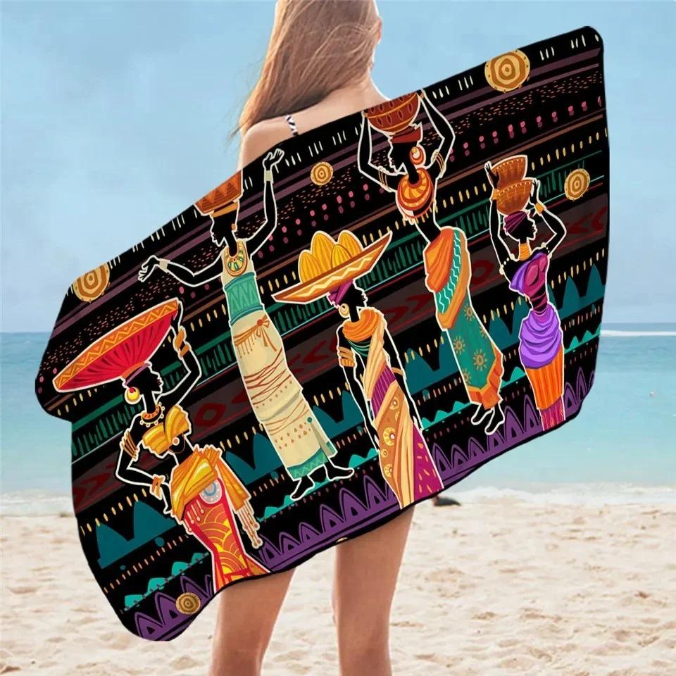 African Woman Beach Towel Bathroom Quick Dry Desert Geometric Sunblock Artworks Exotic Adult Towel for Yoga Camping Gym Hotel