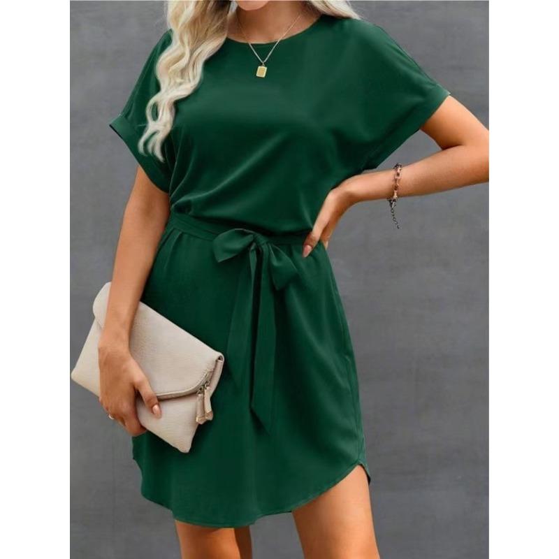 Dámská letní ležérní móda Nové šaty s krátkým rukávem s páskem
