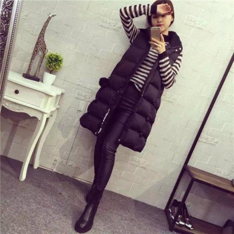 Autumn Winter Women Long Parkas Vest Warm Black Zipper Hooded Down Coat Parka Ladies Sleeveless Waistcoat Jacket Outwear