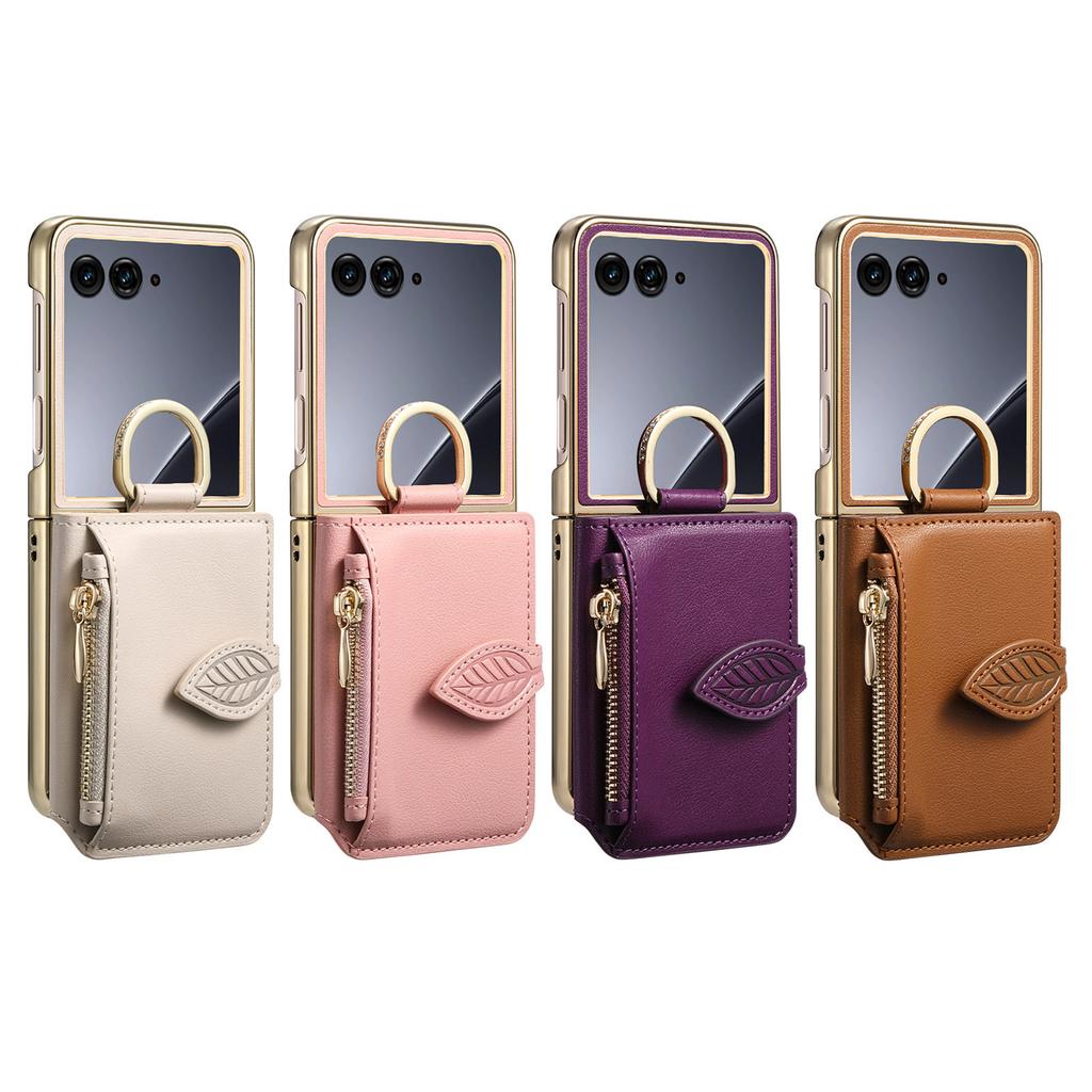 Luxury Zipper Leaf Magnetic Ring Holder Mirror Cards Solt Leather Phone case For Motorola Razr 60 50 Ultra Shockproof Cover