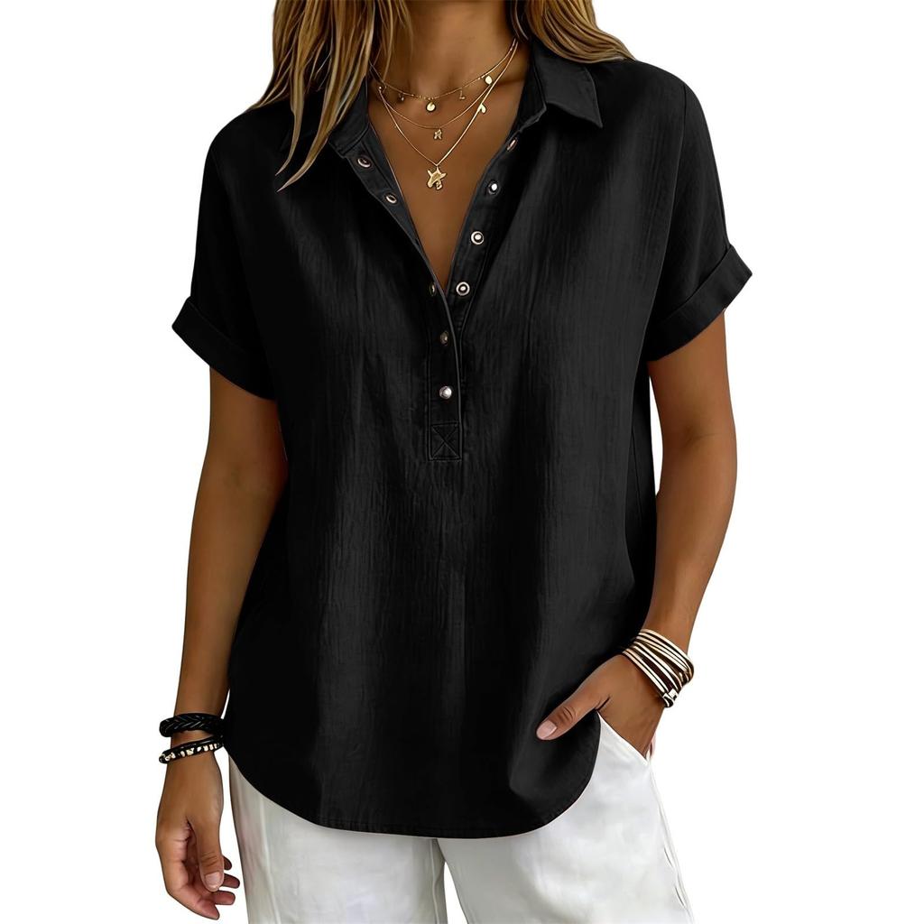 Womens Loose Fit V Neck Blouse Casual Cotton Linen Short Sleeve Shirt Button Down Lightweight Top for Daily Wear