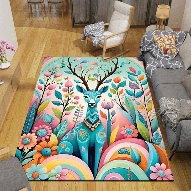 1pc Flowers and deer Design Area Rug - Soft, Anti-Slip, and Durable Gaming Room Decor for Bedroom