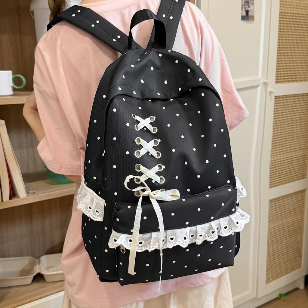 Schoolbag Gentle Wind Girl Heart Polka Dot Lace Bow Backpack Junior High School Student New Casual Large Capacity Versatile School Bag